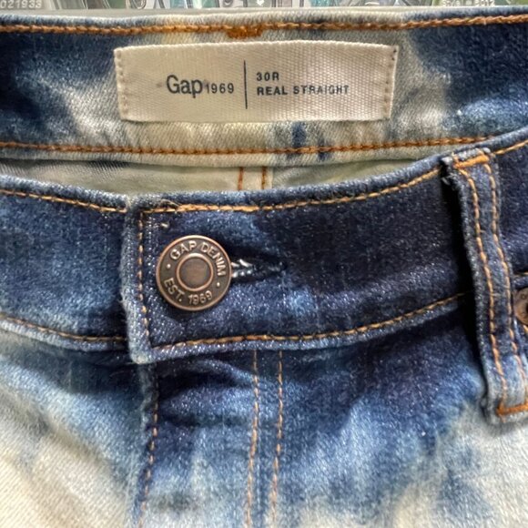 Gap 1969 Real Straight Tie-Dye Jeans 30R Cotton Denim Blue & White - Picture 4 of 7